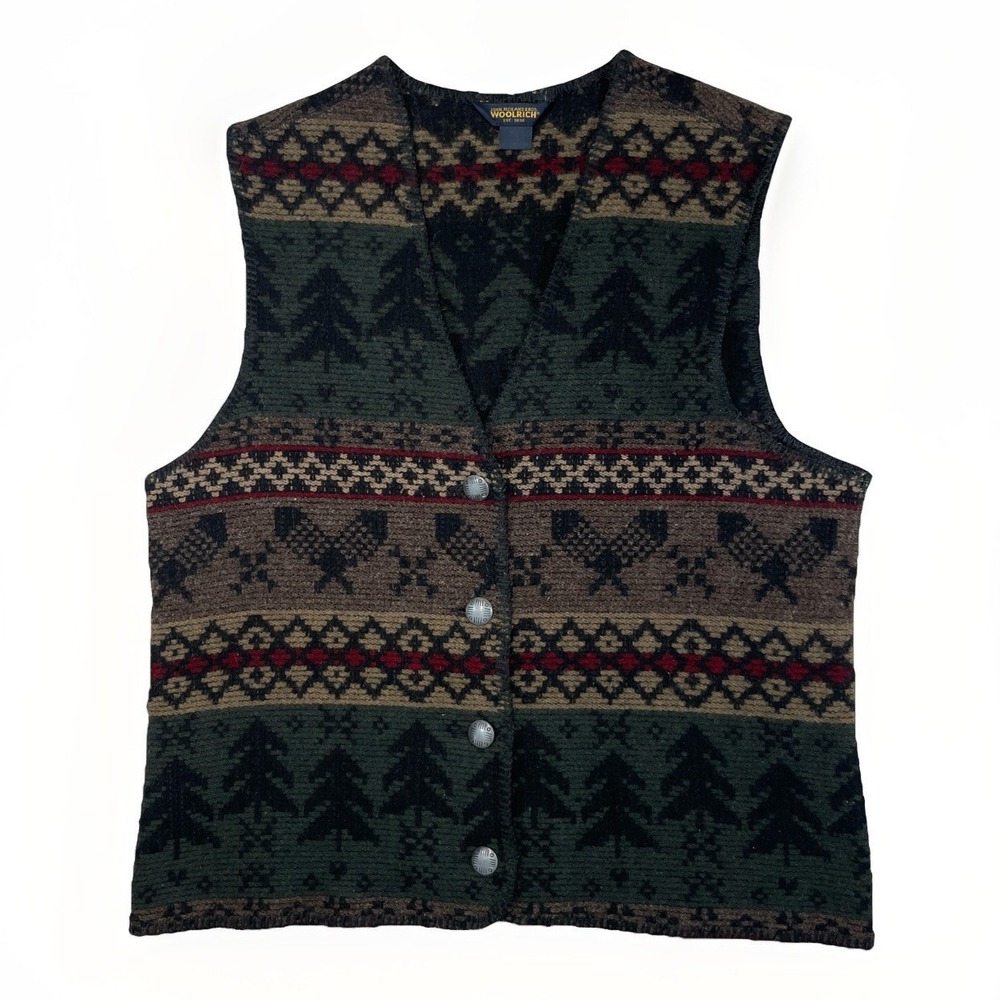 Woolrich VTG Womens Large Wool Button Vest Novelty Forest Holiday USA 1650-113